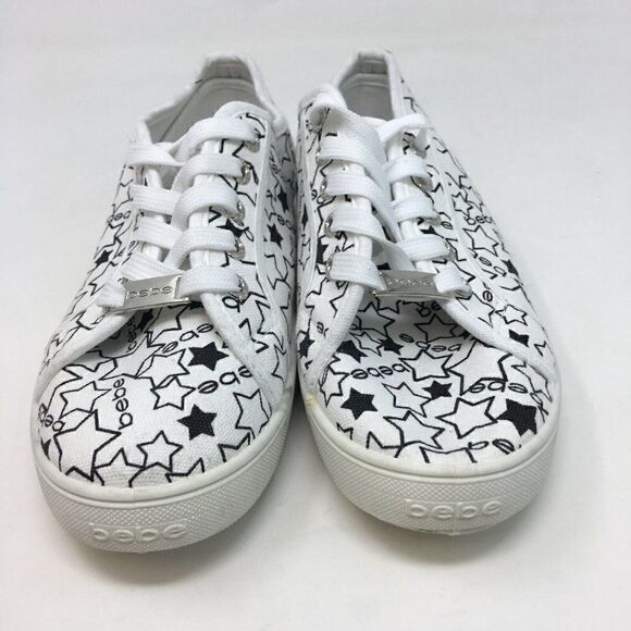 Bebe Women's Sneakers White Black Size 8.5 Daney Canvas Stars Logo Print Lace Up - Picture 2 of 8